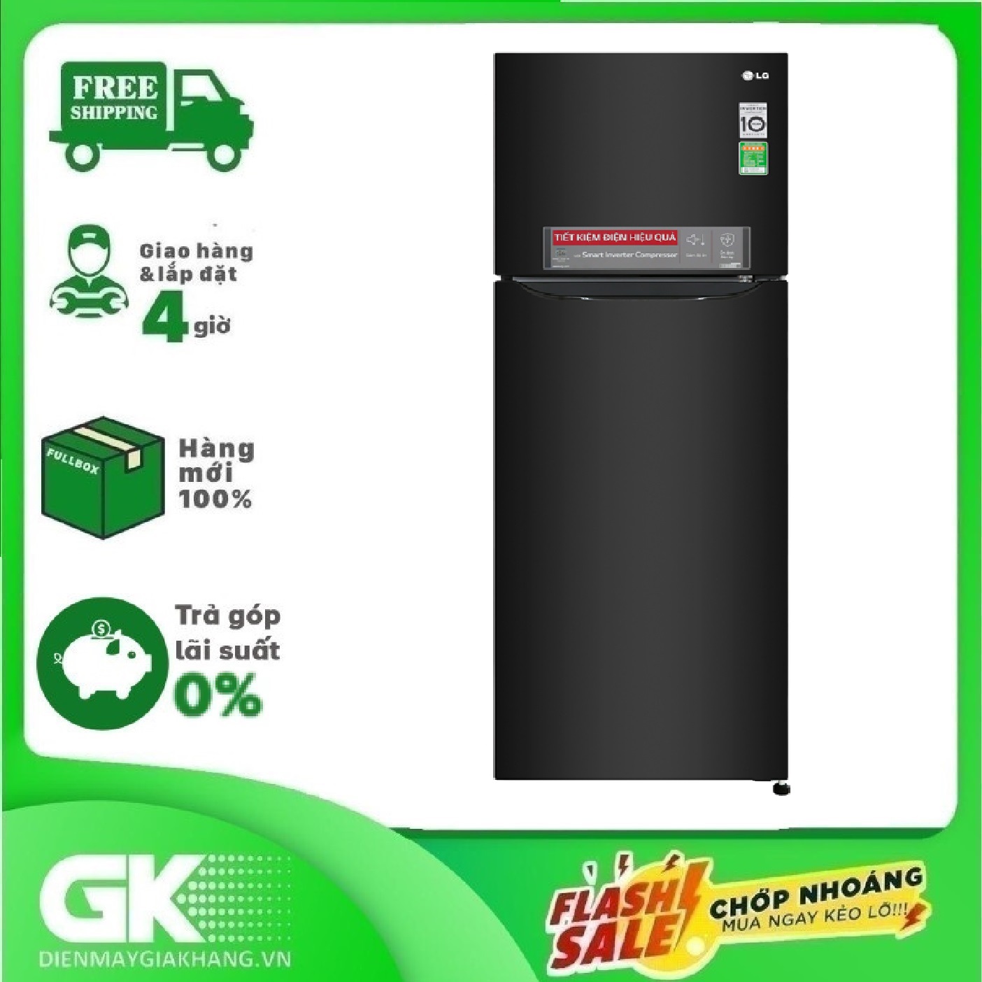 TRẢ GÓP 0% - Tủ lạnh LG Inverter 255 lít GN-M255BL - Bảo hành 2 năm