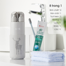 Bình du lịch đa năng 8 trong 1 đựng bàn trải, kem đánh răng, sữa tắm khăn mặt tặng kèm lược và gương