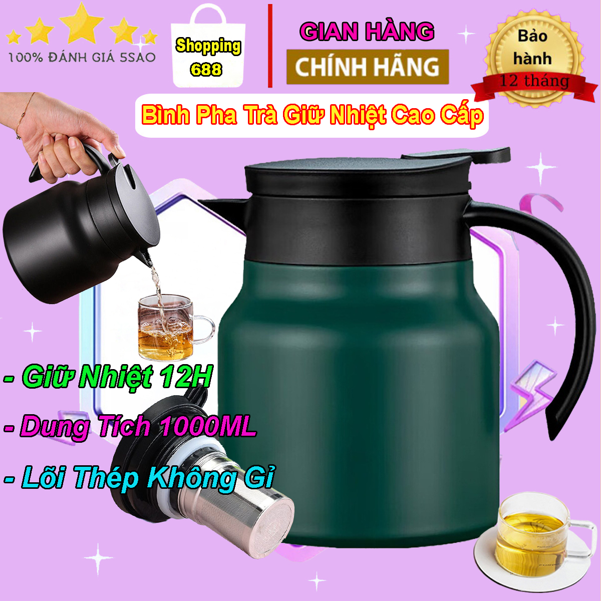 Ấm pha trà giữ nhiệt, ấm pha trà giữ nhiệt có lõi lọc, dung tích 1000ml, chất liệu inox 316...