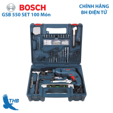 Bộ máy khoan động lực cầm tay Bosch GSB 550 và bộ dụng cụ 100 chi tiết sử dụng đa năng (gia đình, thợ chuyên nghiệp)