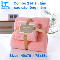 Bộ 2 khăn tắm khổ lớn cao cấp Living C, khăn tắm lông cừu 70×140 và 35×75 lông mềm thấm hút tốt không xù rụng lông CKT