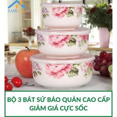 Bộ 3 bát sứ có nắp chân không bảo quản thực phẩm Camellia KamiHome vận chuyển gốm sứ cao cấp tráng men, an toàn chuyên dùng trong ngành thực phẩm