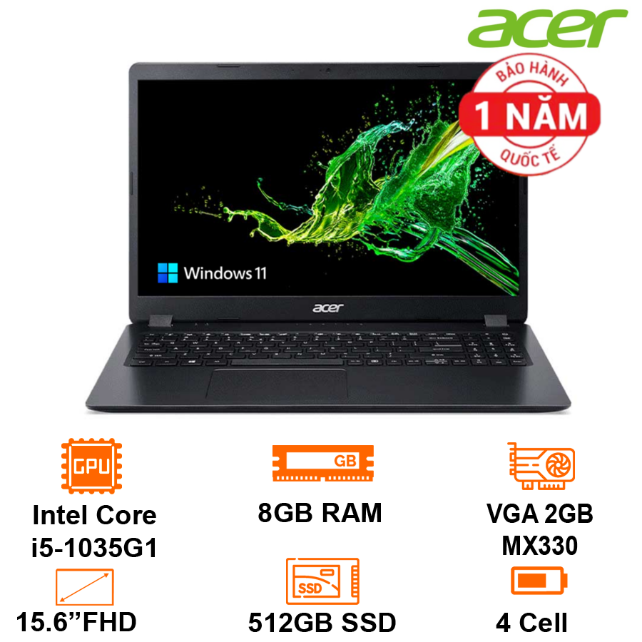 Laptop Acer Aspire 3 A315 57G 573F Intel core i5-1035G1/8GB(4+4)/512GB SSD/15.6″ FHD/VGA 2G MX330/BT4/Win11SL/Charcoal Black – Bảo hành 12 tháng – Hàng Chính Hãng Safety Mart Official