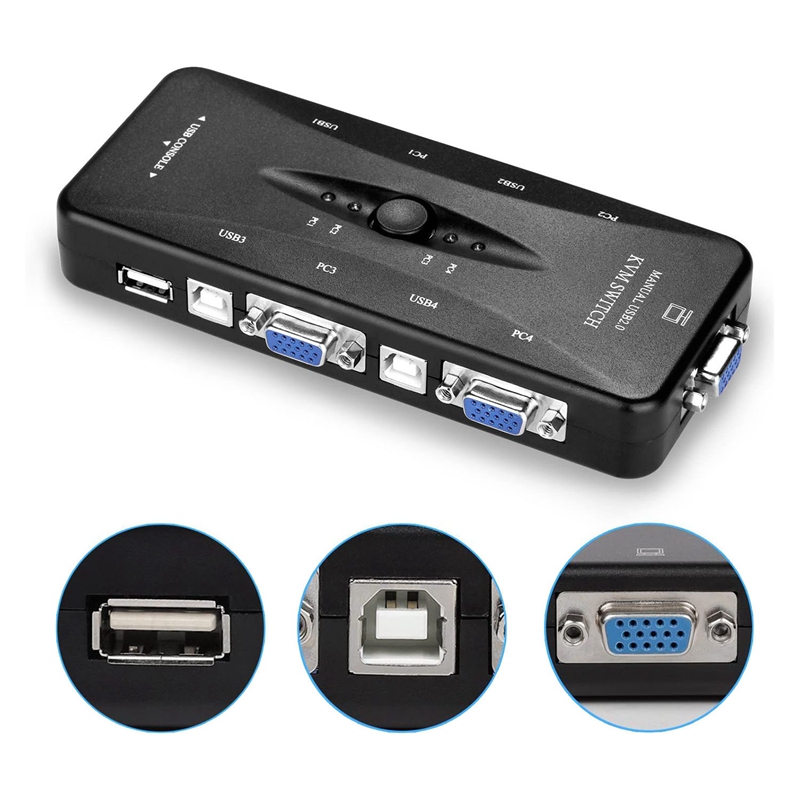 USB KVM VGA Switcher, 4 Ports USB 2.0 KVM Switch Box Adapter, One-Button Swapping, 4 VGA Cables Included