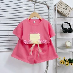 Bộ cotton co dãn 4 chiều in hình gấu cho bé gái từ 15-25kg