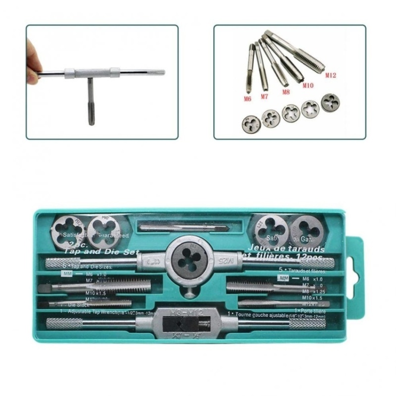 12pcs/Set Metric Handle Tap and Die Set M3-M12 Wrench ThreadPlugsStraight Taper Drill Repair Kits - intl