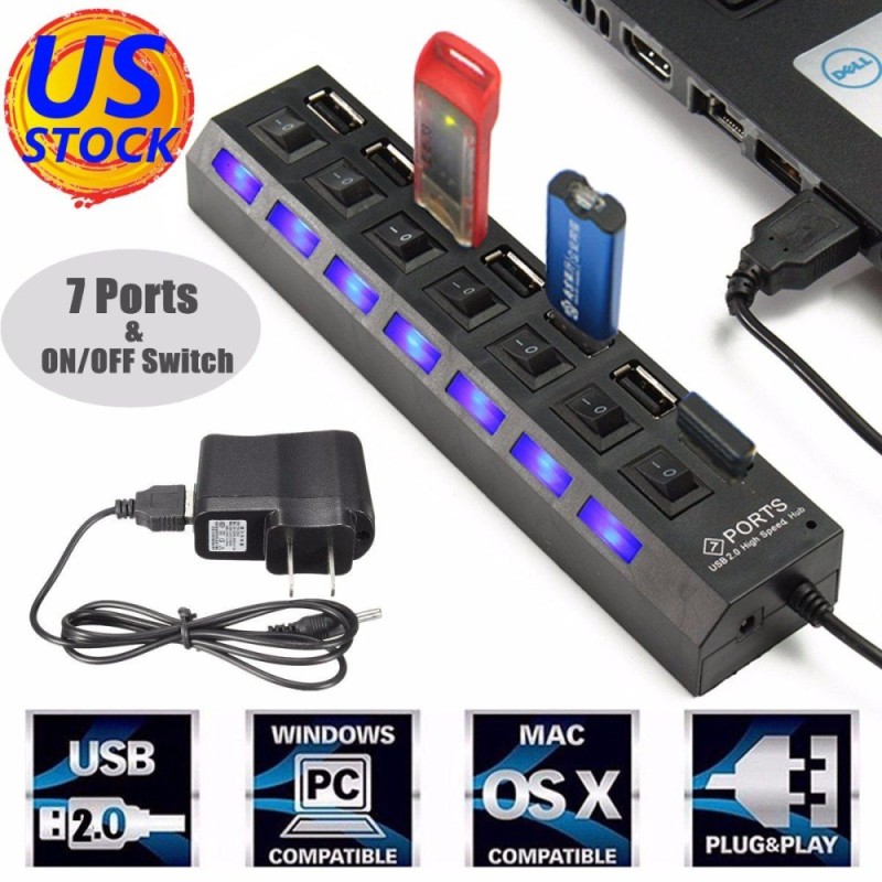 7 Port High Speed USB 2.0 Hub + AC Power Adapter ON/OFF Switch For PC Laptop MAC - intl