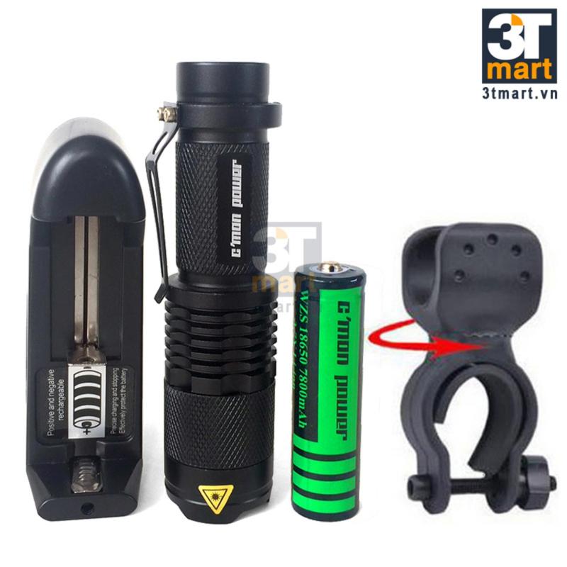 Bảng giá Bộ 1 đèn pin siêu sáng C'MON POWER TRAVELER XML-T6 LED 10W 1400lm chiếu xa 300m + 1 pin sạc lithium 7800mAh + 1 cục sạc + giá đèn pin xe đạp (đen)