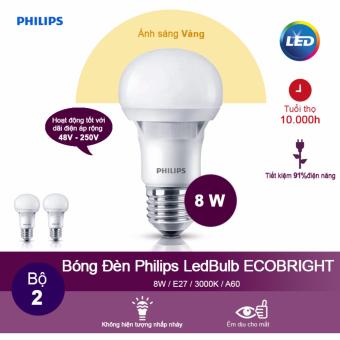 (Bộ 2) Bóng đèn Philips Ecobright LEDBulb 8W 3000K đuôi E27 A60 - Ánh sáng vàng  