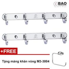 Bộ 2 móc treo quần áo inox 304 4 chấu gắn trên tường BAO-BN114 + Tặng 01 Máng khăn vòng M3-3004