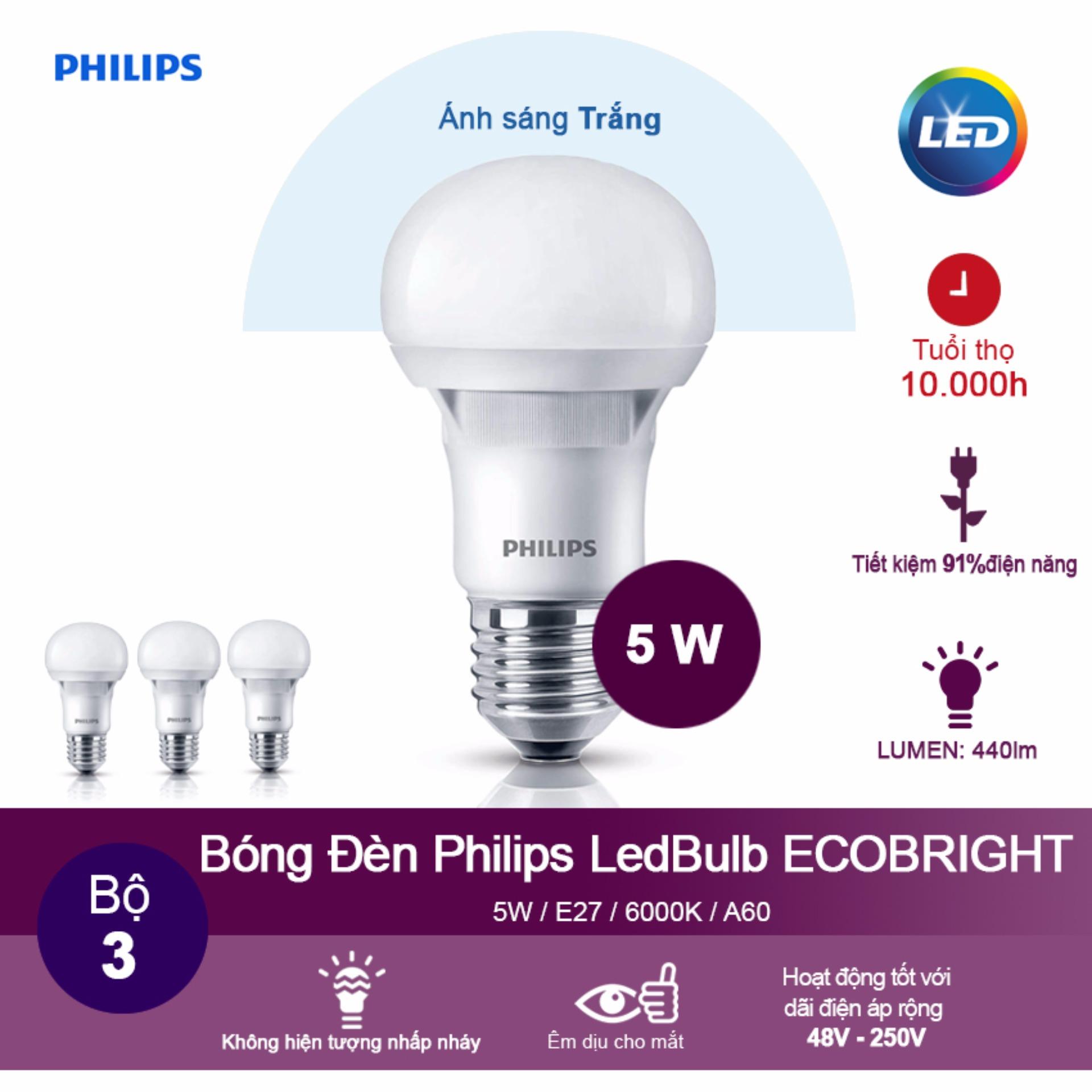 (Bộ 3) Bóng đèn Philips Ecobright LEDBulb 5W 6500K đuôi E27 A60 - Ánh sáng trắng
