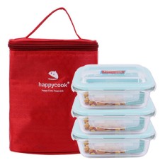 Bộ 3 Hộp Thủy Tinh Chữ Nhật Kèm Túi Giữ Nhiệt Happy Cook HCG-03R (370ml)