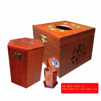 Bộ 3 sản phẩm: Hộp giấy,hộp trà,hộp tăm bằng gỗ hương ta đỏ (CGV02)  