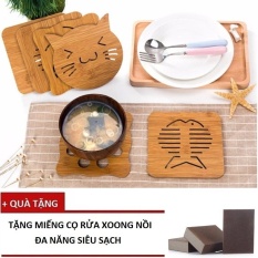 Bộ 8 Rế bằng gỗ lót nồi, niêu, xoong, chảo, bát đĩa + Tặng 1 Miếng cọ đa năng