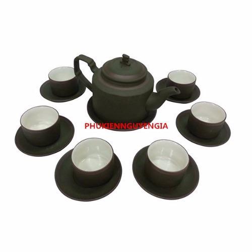 Hình ảnh Bộ ấm chén Bát Tràng tử sa cây thông men xanh (Đen ánh rêu)