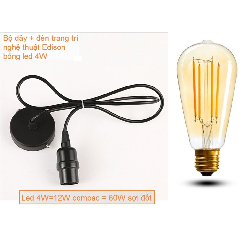 Bộ bóng đèn led 4w Edison trang trí nghệ thuật và dây thả đèn màu đen