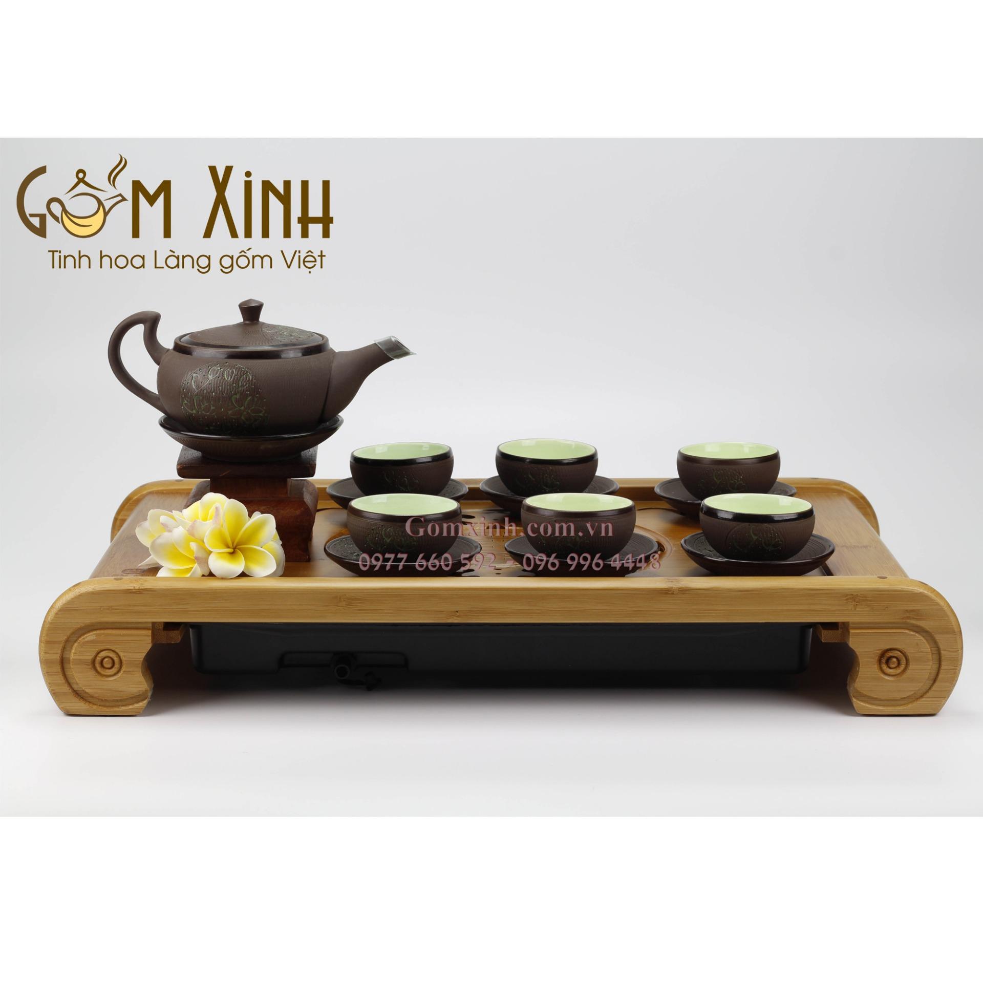 Bộ trà gốm Bát Tràng - Bộ trà tử sa trăng xanh dáng dẹt (Hàng xuất Nhật)
