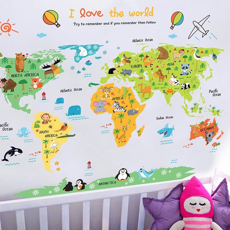 Decal dán tường bản đồ thế giới cho bé ABC1049