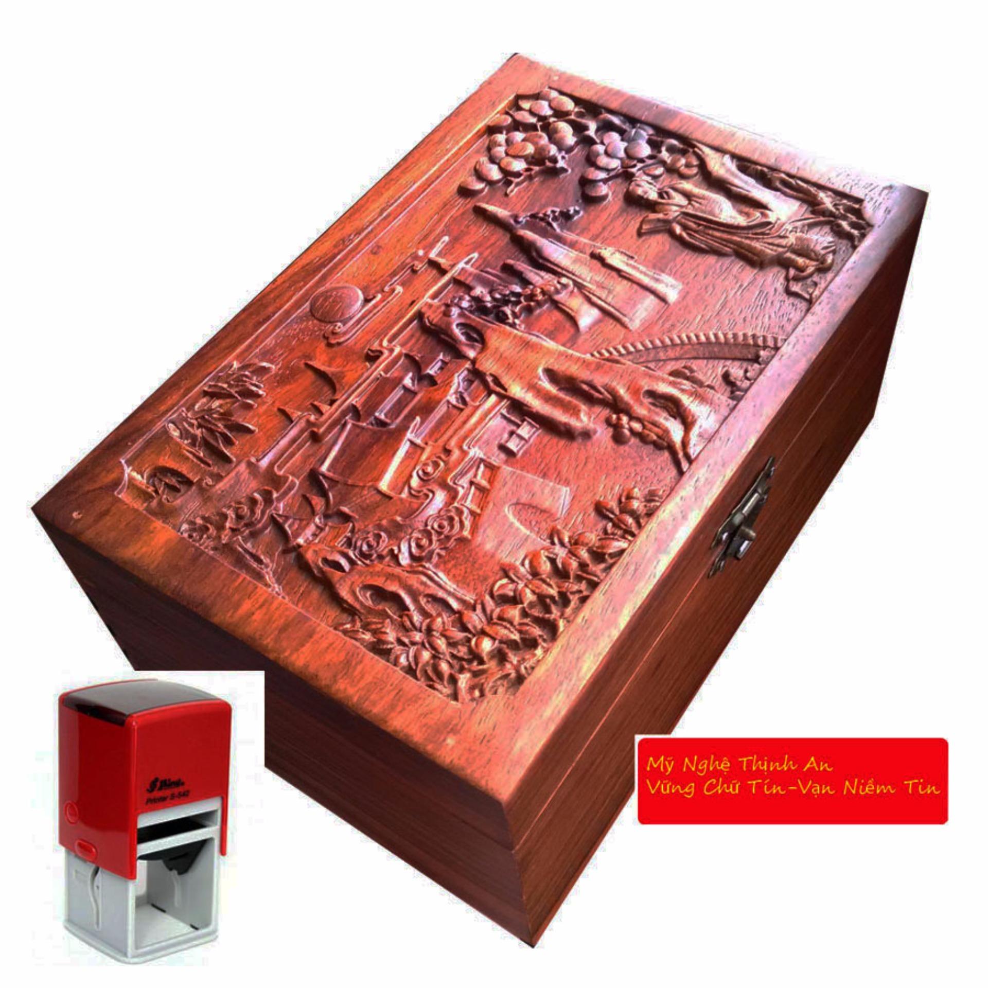 Hộp đựng con dấu bằng gỗ hương đỏ mặt trạm tích khổng tử đọc kinh thư (HD02)