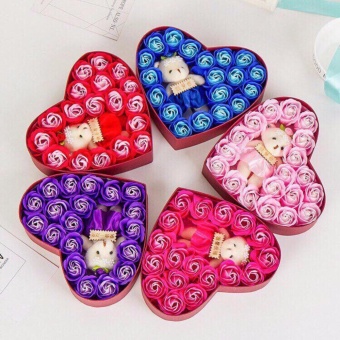 Hộp Hoa Hồng Sáp Thơm Hình Trái Tim (18 Bông) Kèm Gấu (Xanh)
