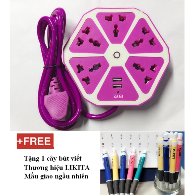 Bảng giá Mua Ổ cắm điện lục giác ZAGI 5 ổ cắm điện 2 cổng USB + Tặng 1 cây bút viết thương hiệu LIKITA