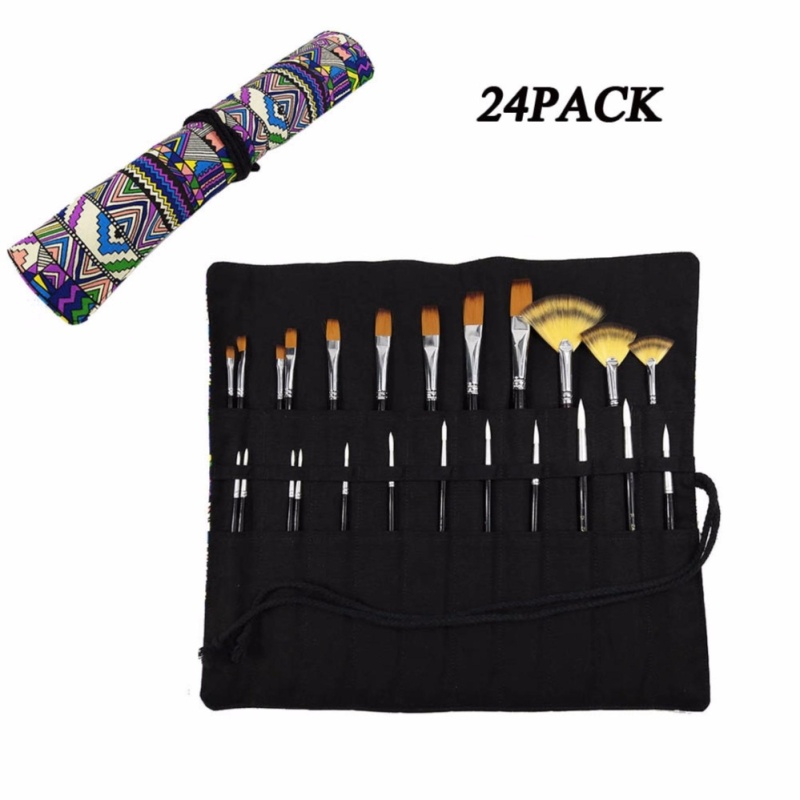 Mua Paint Brush Set 24 piece for Water Color, Oil & Acrylic Paint, Wooden Handle Nylon Brush with Bohemian Canvas Pencil Roll Wrap - intl