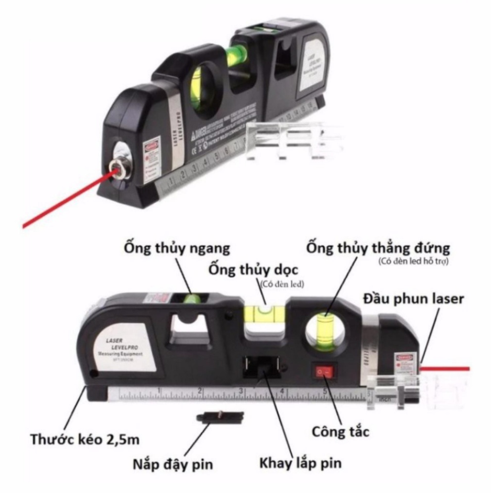 Thước Nivo laser LV 03 cân mực laser đa năng cân bằng kèm thước kéo 2,5m + Tặng 1 Khăn...