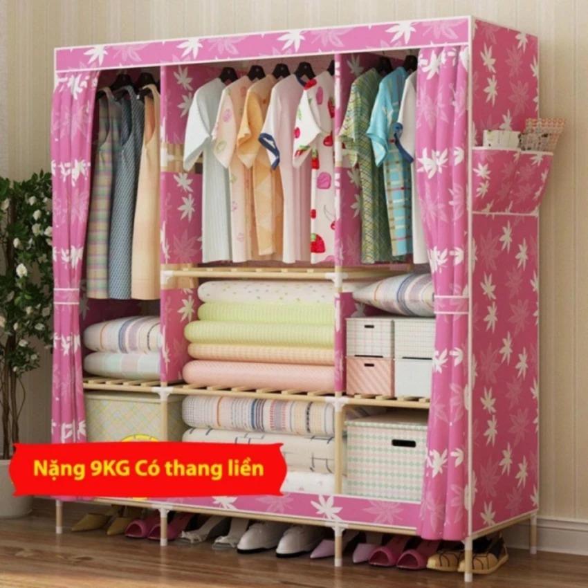 Tủ vải quần áo khung gỗ 3 buồng 8 ngăn (Hồng) - Kmart