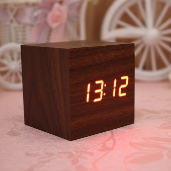 Wood Cube LED Alarm Voice Control Digital Desk ClockWoodenThermometer - intl