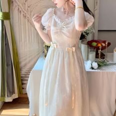 SAB Váy Liền Nữ Tiên Phong Kiểu Mori Kiểu Pháp Viền Ren Tay Phồng Đính Nơ Ngọc Trai Ánh Trăng Mềm Mại Mùa Hè