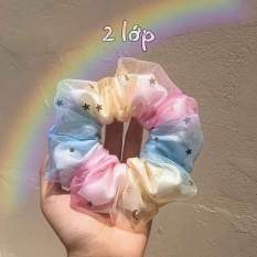 Cột tóc scrunchies lưới kim tuyến galaxy