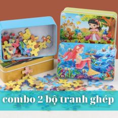 Tranh ghép hình bằng gỗ 60 miếng kèm hộp thiếc cho bé, Đồ chơi lắp ráp puzzle thông minh cho trẻ em