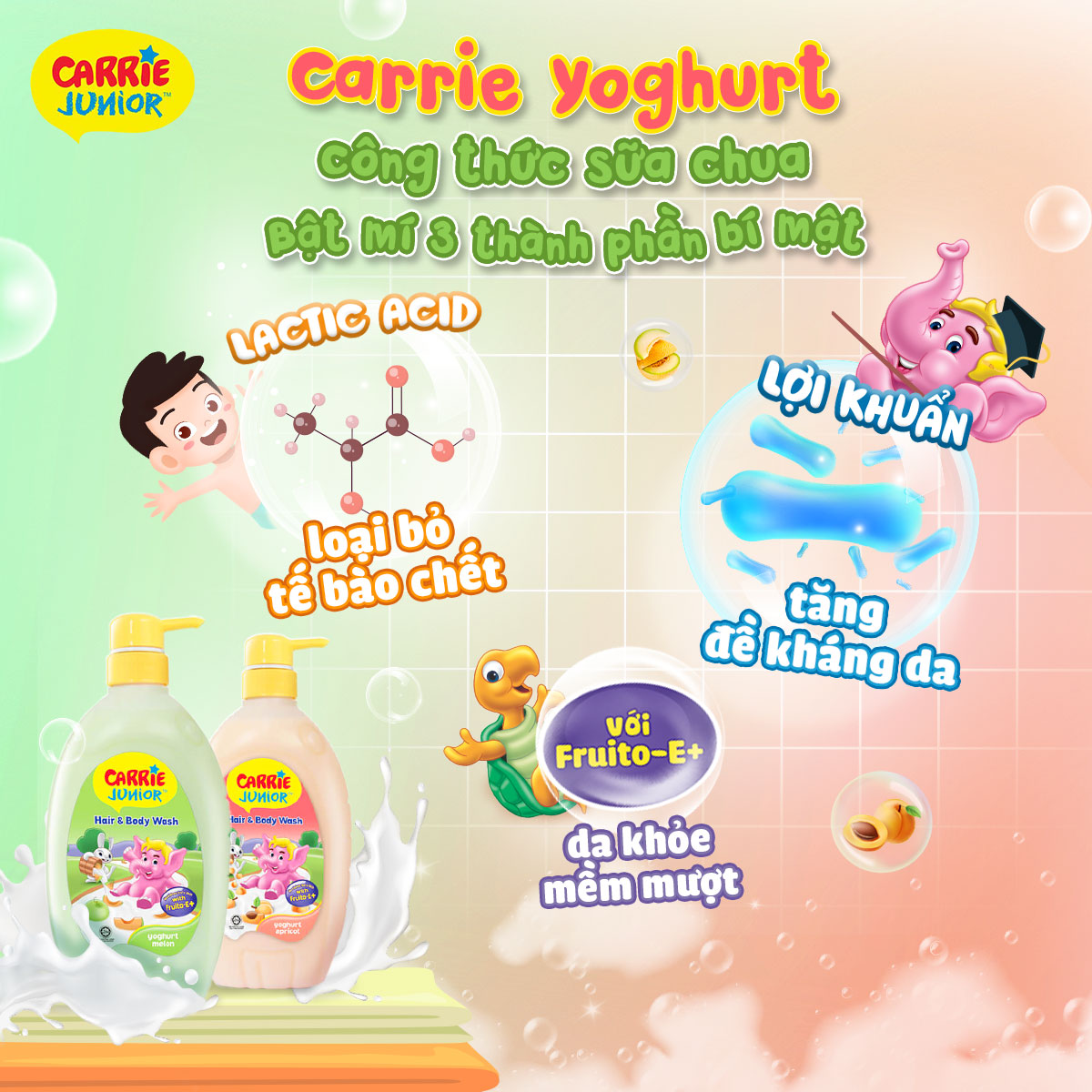 Combo 2 Chai Sữa Tắm Carrie Junior Yoghurt (700g/chai) Hương Melon + Mơ Tây + 2 Voi Bông (màu ngẫu...