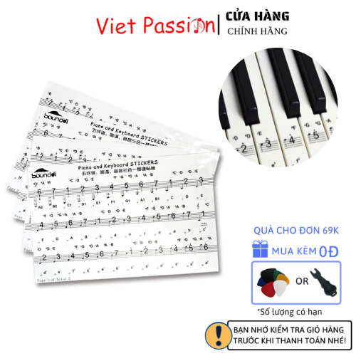 Sticker dán nốt bàn phím đàn piano organ dùng cho tất cả các phím đàn 88, 76, 61, 54, 36 phím Viet Passion