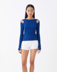 Áo Thun Tay Dài Nữ Khoét Ở Cầu Vai Màu Xanh Dương – TheBlueTshirt – Long Sleeve Shoulder Cutout Top – Blue