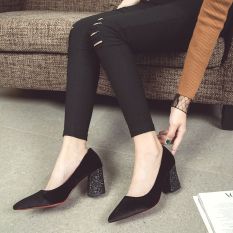 Giày cao gót mũi nhọn đế vuông đính nhũ nổi bật- G057