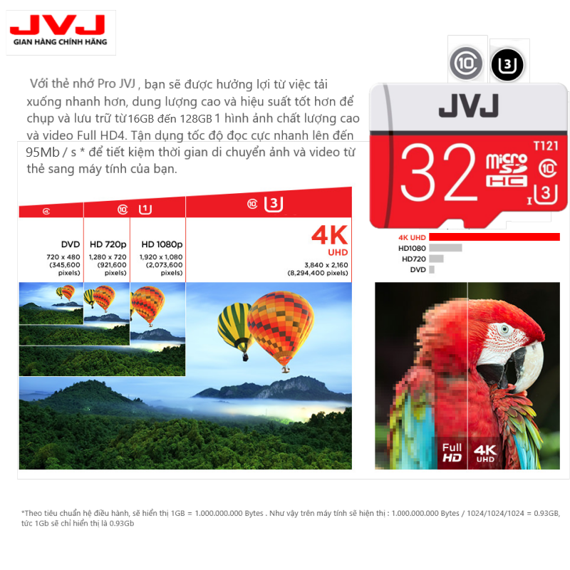 Thẻ nhớ 128G/64G/32G/16G Class 10 JVJ Pro U3 tốc độ cao 100MB/s chuyên dụng cho camera wifi, camera hành trình,...