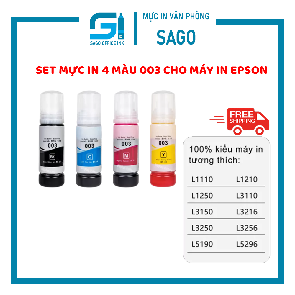 Set mực in đa năng4 màu 003 cho máy in Epson L1110/L1210/L1250/L3150/L4150 - Nhập khẩu bởi Mực in VP Sago