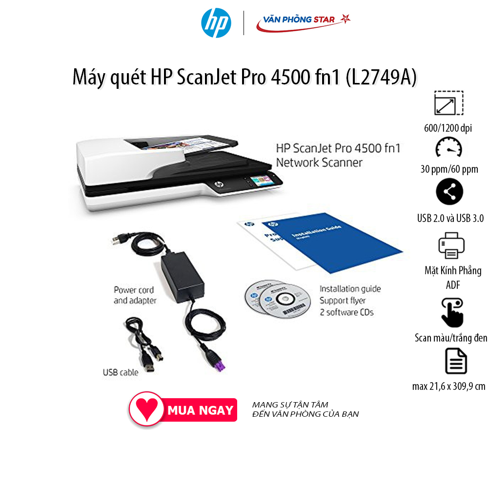 Máy quét HP Scanjet Pro 4500 FN1 (L2749A) Scan hai mặt khổ giấy A4; Mặt kính phẳng; ADF. Tối đa...
