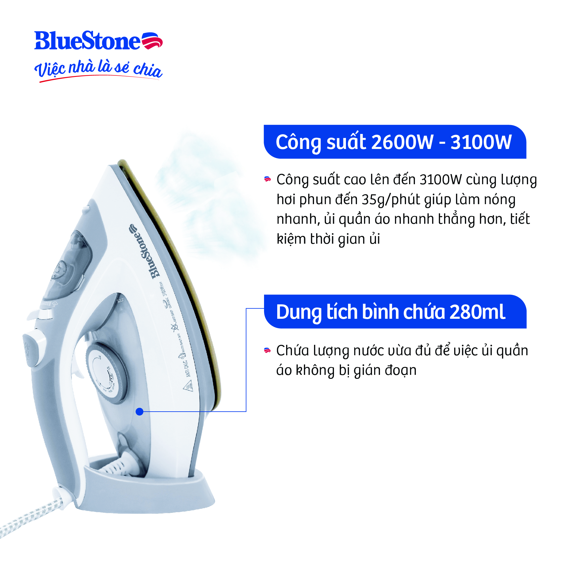 Bàn ủi hơi nước BlueStone SIB-3836 - Mặt đế Ceramic cao cấp - Công suất 2600 - 3100W - Bảo...