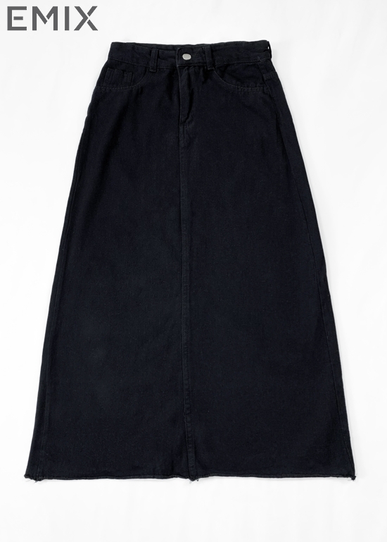 Chân váy bò basic EMIX (màu đen), midi, dáng dài, cạp cao, chữ A, có túi, vải jeans co giãn...