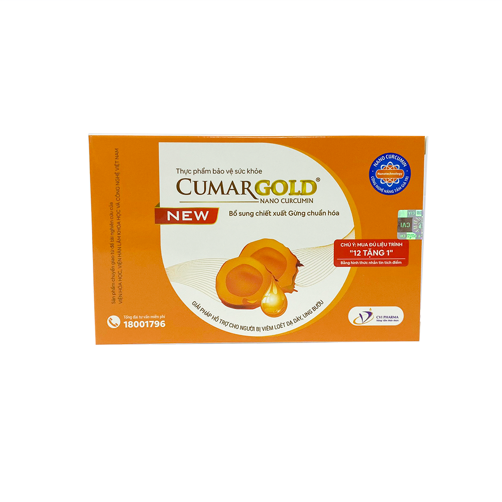 Viên nang mềm Nano curcumin 150 mg Cumargold New cùng gừng chuẩn hóa hỗ trợ cải thiển trào ngược, viêm loét dạ dày tá tràng