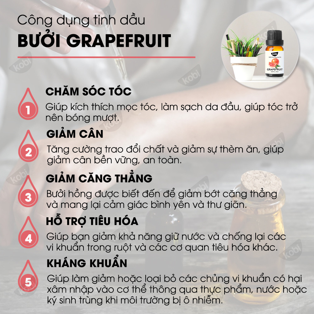 Tinh dầu bưởi Kobi grapefruit essential oil nguyên chất giúp kích thích mọc tóc, giảm rụng tóc, xông phòng hiệu...