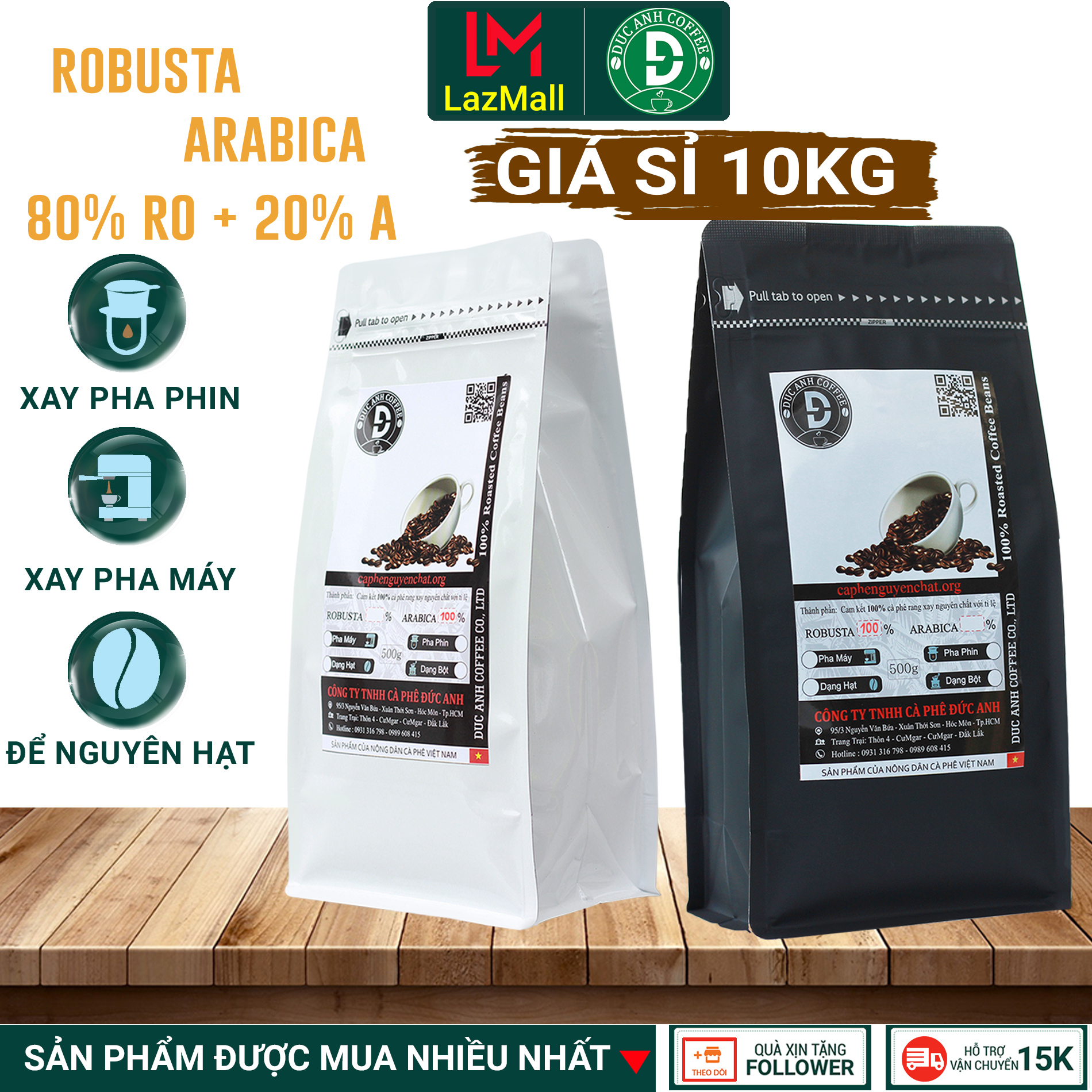 [Đặc Biệt] Gía Sỉ Cho Quán 10kg cà phê rang mộc DUC ANH COFFEE tùy chọn robusta và arabica -...