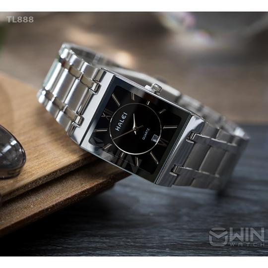 Đồng hồ Halei nam HL3 Mặt đen dây thép bạc đặc cao cấp mặt kính vuông đẳng cấp doanh nhân