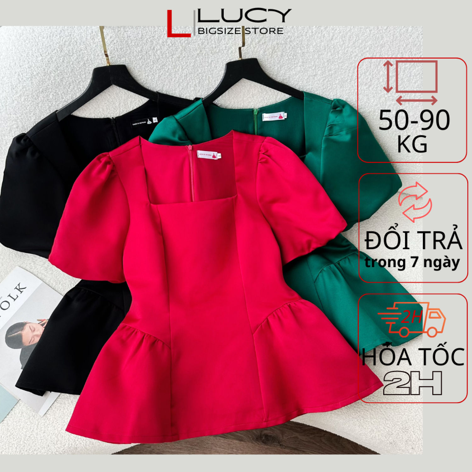 Áo bigsize nữ kiểu cổ vuông 3 màu dự tiệc đi chơi LUCY 50 – 90 kg