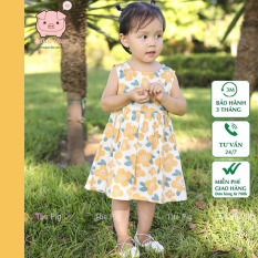 Váy bé gái The Pig, Đầm cho bé gái 1 tuổi đến 8 tuổi, họa tiết hoa cúc vàng dáng sườn, chất liệu thô cotton mềm mát thấm hút mồ hôi