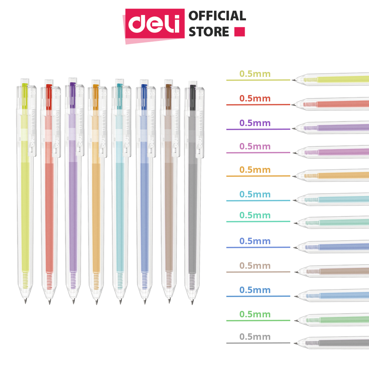 Bút gel nhiều màu ngòi bấm 0.5mm Deli - lượng mực 1000m, bút viết trơn, không tắc mực - Đen/Nâu/...