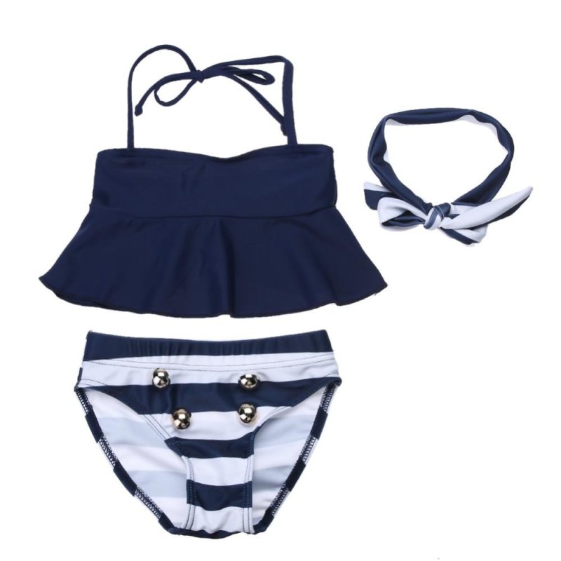 Nơi bán 3pcs Kids Grils Swimwear Tops Striped Briefs Headband Swimsuit Set - intl