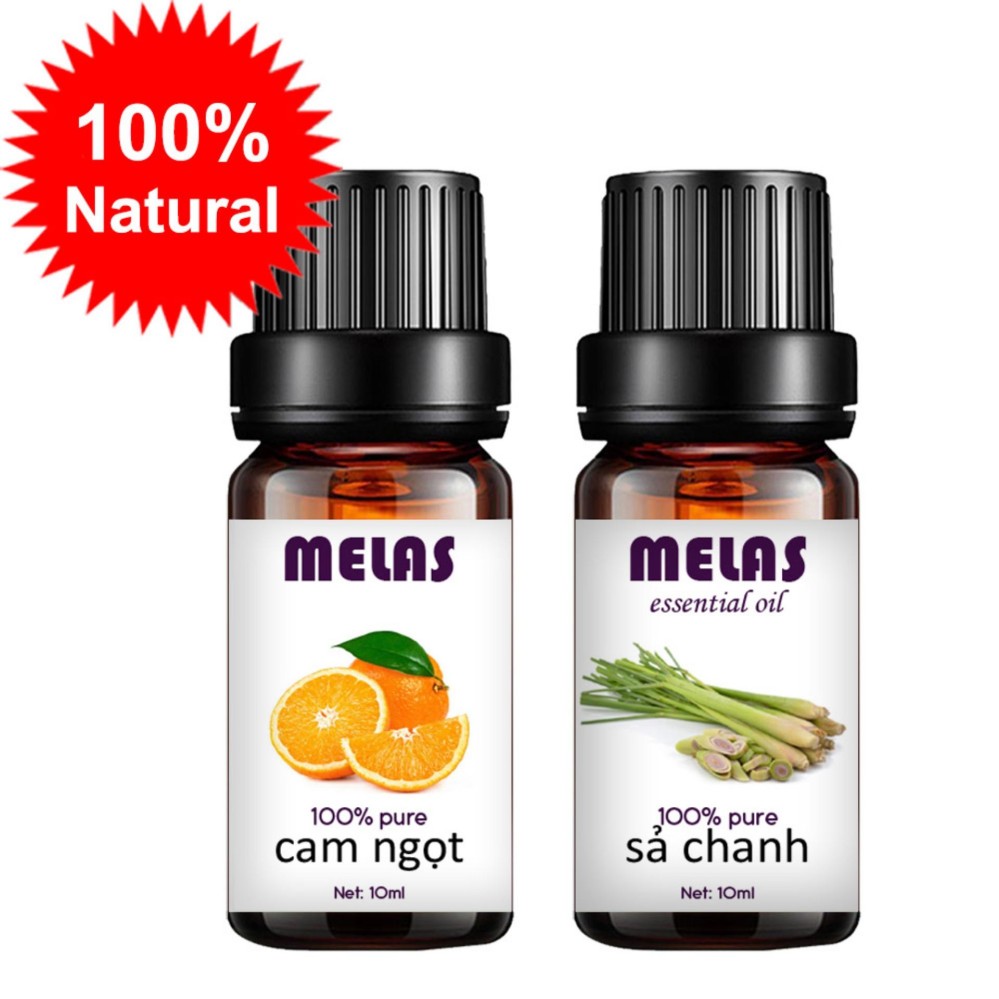 Bộ 2 tinh dầu thiên nhiên MELAS cam ngọt 10ml và sả chanh 10ml